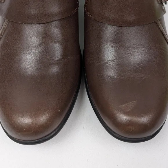 Clarks Genette Vista Leather Shootie Buckle Strap Side Zip Block Heel Brown 6.5