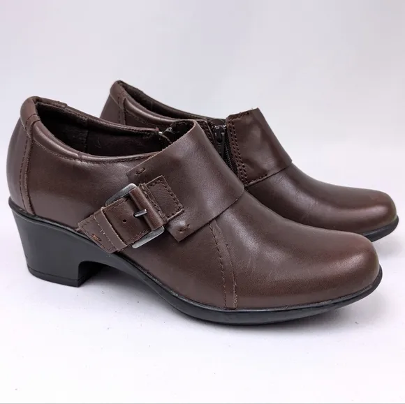Clarks Genette Vista Leather Shootie Buckle Strap Side Zip Block Heel Brown 6.5