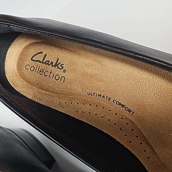 Clarks Juliet Monet Flat Pumps Heels Square Toe Low Block Heel Patent Black 6.5