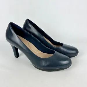 Clarks Womens Ambyr Joy Blue Leather Pumps Platform Comfort Heels size 9W Wide