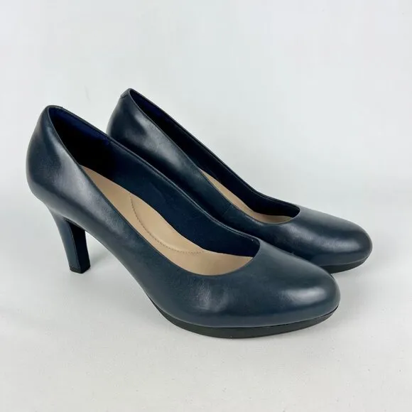 Clarks Womens Ambyr Joy Blue Leather Pumps Platform Comfort Heels size 9W Wide