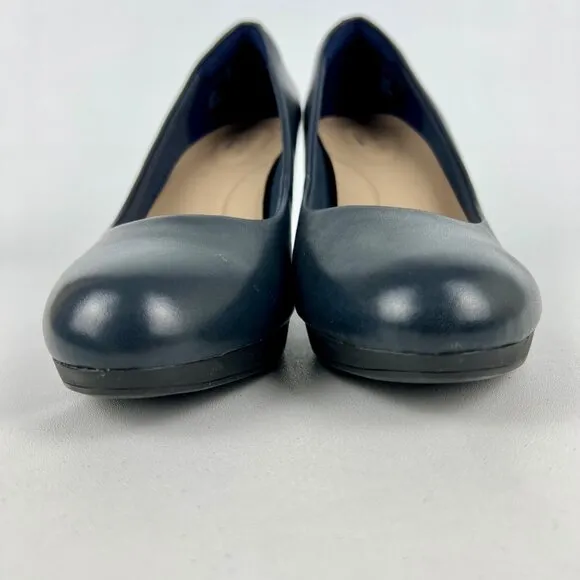 Clarks Womens Ambyr Joy Blue Leather Pumps Platform Comfort Heels size 9W Wide
