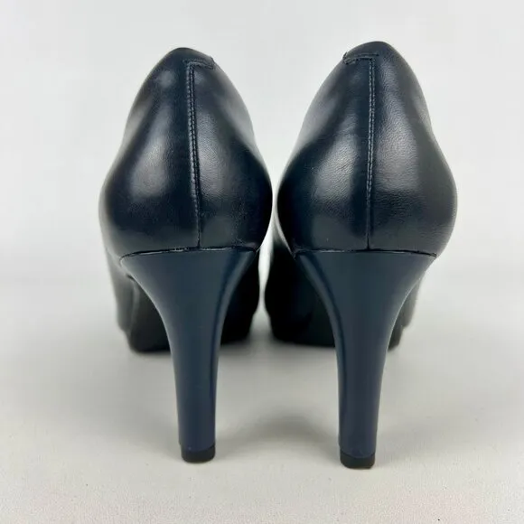 Clarks Womens Ambyr Joy Blue Leather Pumps Platform Comfort Heels size 9W Wide