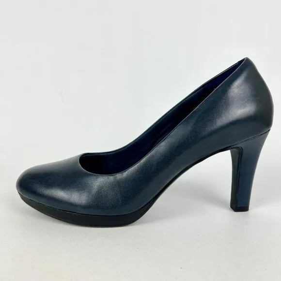 Clarks Womens Ambyr Joy Blue Leather Pumps Platform Comfort Heels size 9W Wide