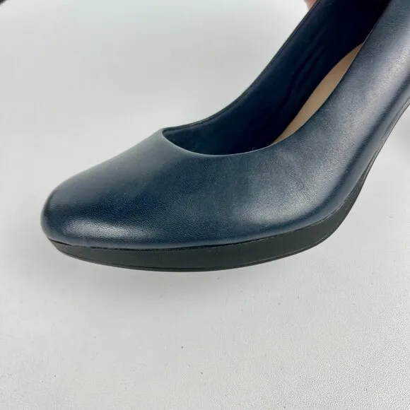 Clarks Womens Ambyr Joy Blue Leather Pumps Platform Comfort Heels size 9W Wide