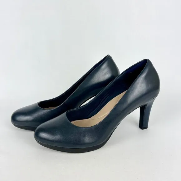 Clarks Womens Ambyr Joy Blue Leather Pumps Platform Comfort Heels size 9W Wide