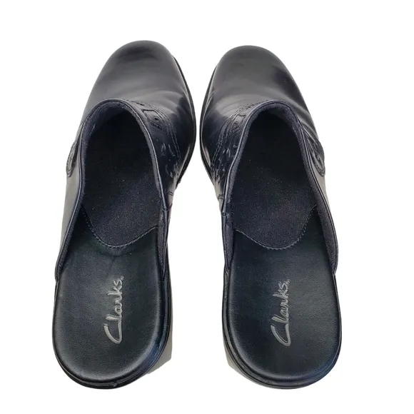 Clarks Women's Black Slip-On Mules, Business Casual Comfy Shoes Size 8.5