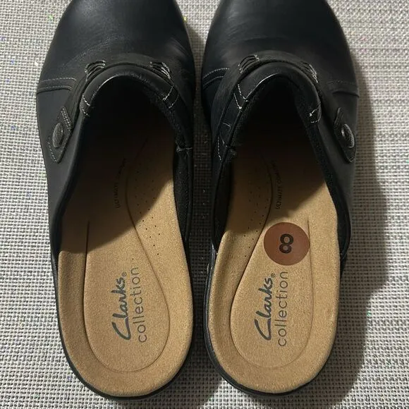 Clarks 8 Black Laurieann Ella Leather Ultimate Comfort Mules Clogs