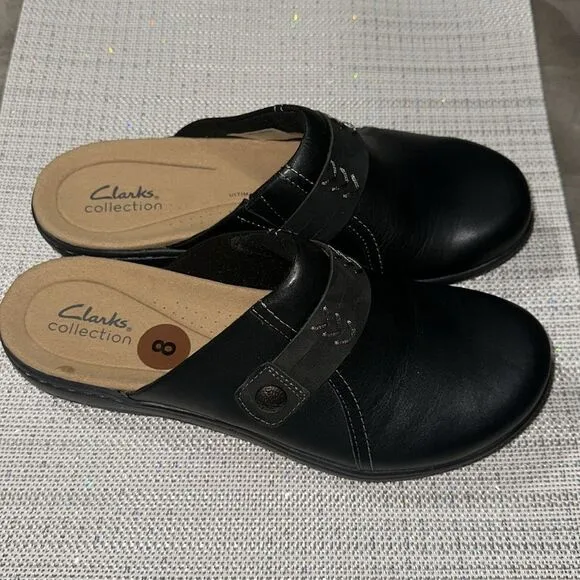 Clarks 8 Black Laurieann Ella Leather Ultimate Comfort Mules Clogs