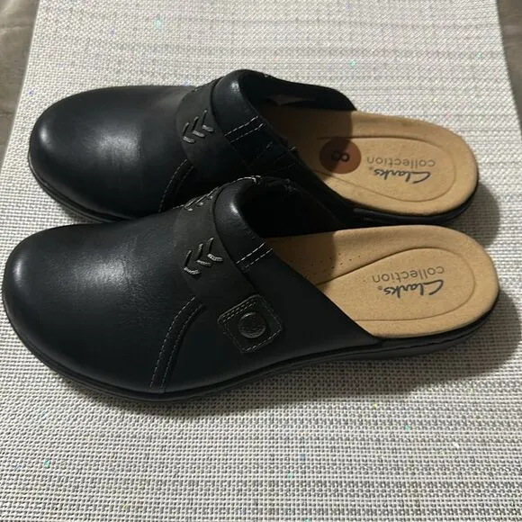 Clarks 8 Black Laurieann Ella Leather Ultimate Comfort Mules Clogs