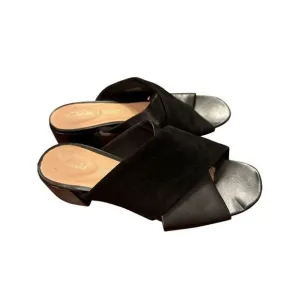 Clarks Sheer 35 Mule Heeled Sandal Women's Black Leather Slip On Shoes Sz 6