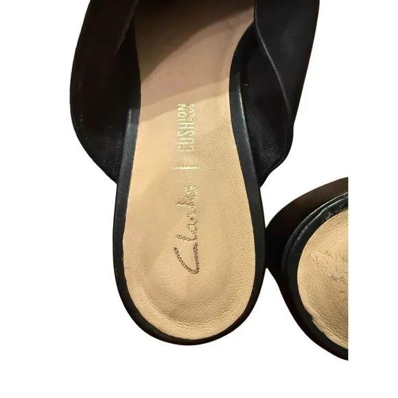 Clarks Sheer 35 Mule Heeled Sandal Women's Black Leather Slip On Shoes Sz 6