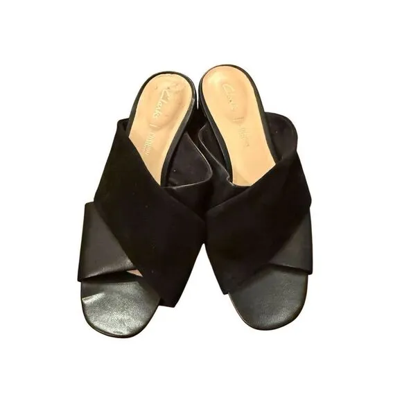 Clarks Sheer 35 Mule Heeled Sandal Women's Black Leather Slip On Shoes Sz 6