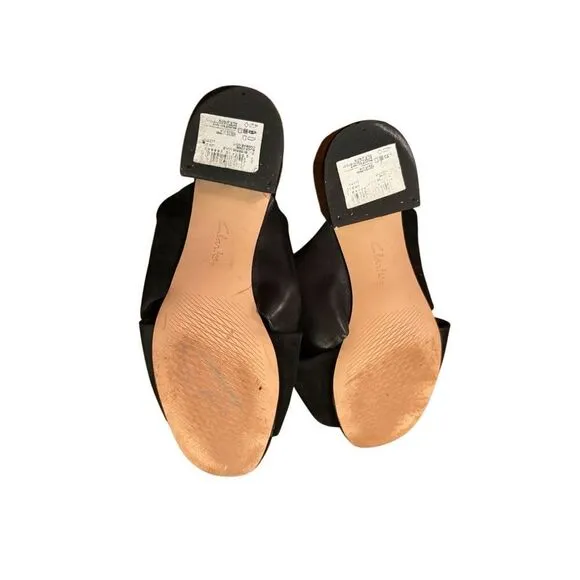 Clarks Sheer 35 Mule Heeled Sandal Women's Black Leather Slip On Shoes Sz 6