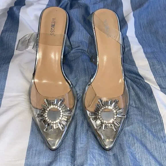 Clear, slingback heels clear heel rhinestone Broach Sunburst size 9