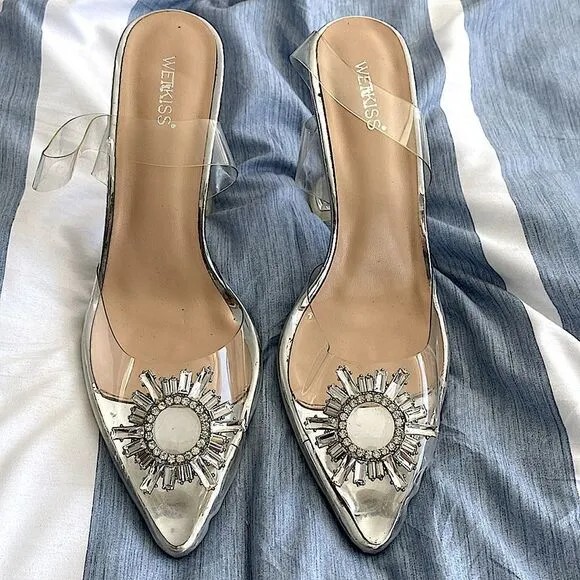 Clear, slingback heels clear heel rhinestone Broach Sunburst size 9
