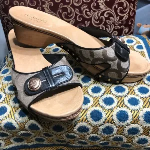 Coach Black and Tan Mules with Patent Leather Strap