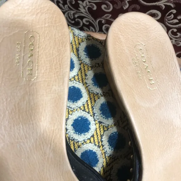 Coach Black and Tan Mules with Patent Leather Strap