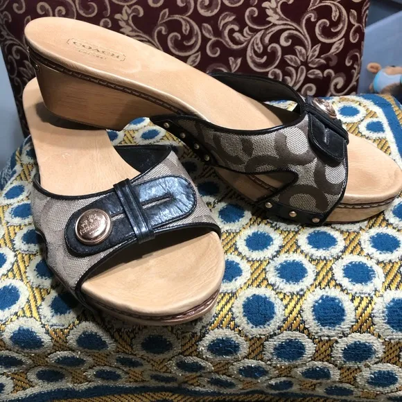 Coach Black and Tan Mules with Patent Leather Strap