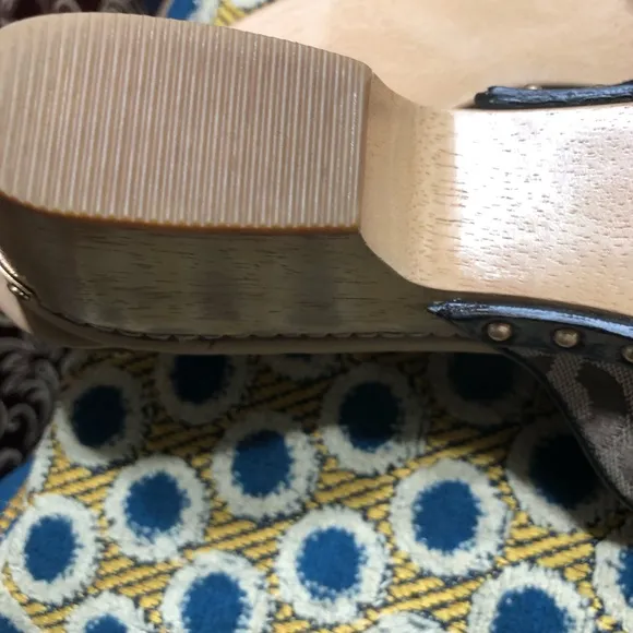 Coach Black and Tan Mules with Patent Leather Strap