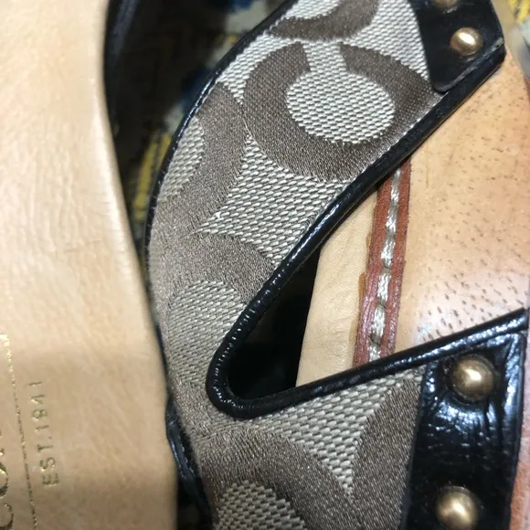 Coach Black and Tan Mules with Patent Leather Strap