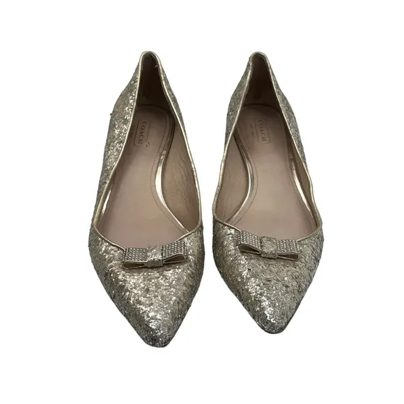Coach Gold Glitter Rhinestone Bows Monroe Pointed Toe Pumps Size 38 Women’s