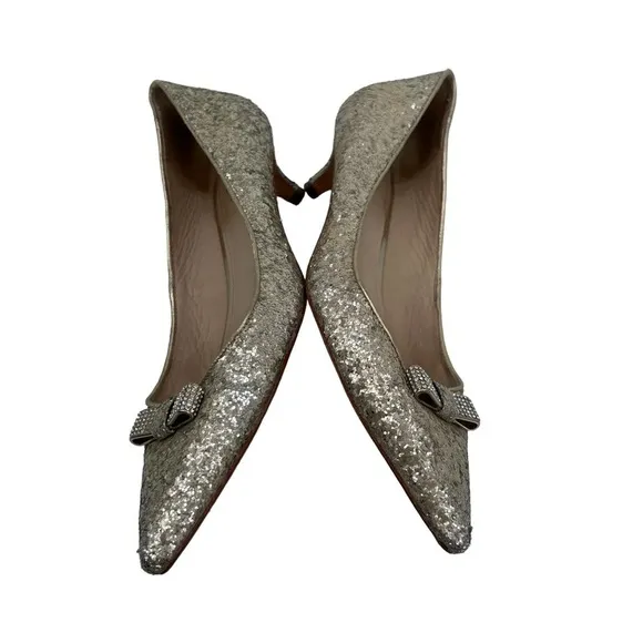 Coach Gold Glitter Rhinestone Bows Monroe Pointed Toe Pumps Size 38 Women’s