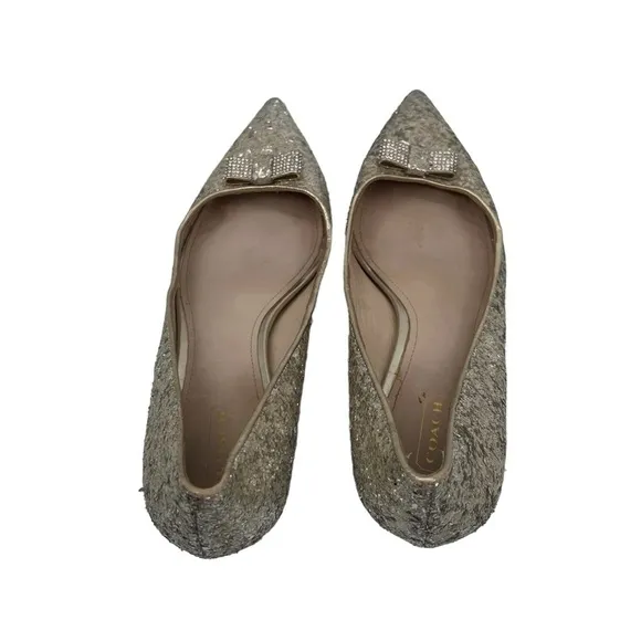 Coach Gold Glitter Rhinestone Bows Monroe Pointed Toe Pumps Size 38 Women’s