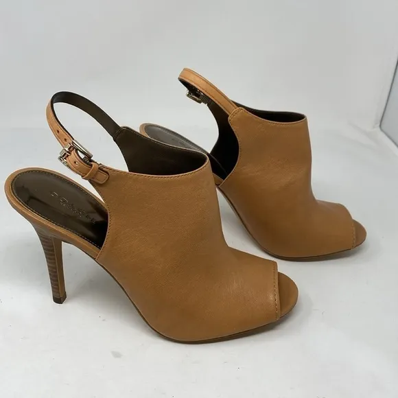Coach Lanora Soft Grain Ginger Leather Slingback Ankle Bootie Heels Cognac 8.5