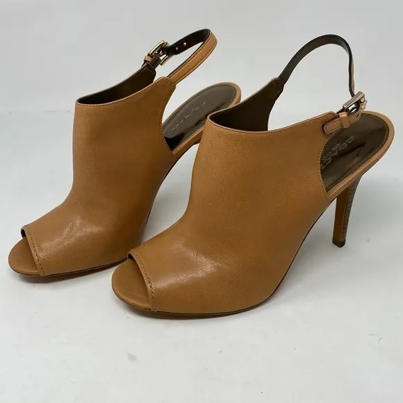 Coach Lanora Soft Grain Ginger Leather Slingback Ankle Bootie Heels Cognac 8.5