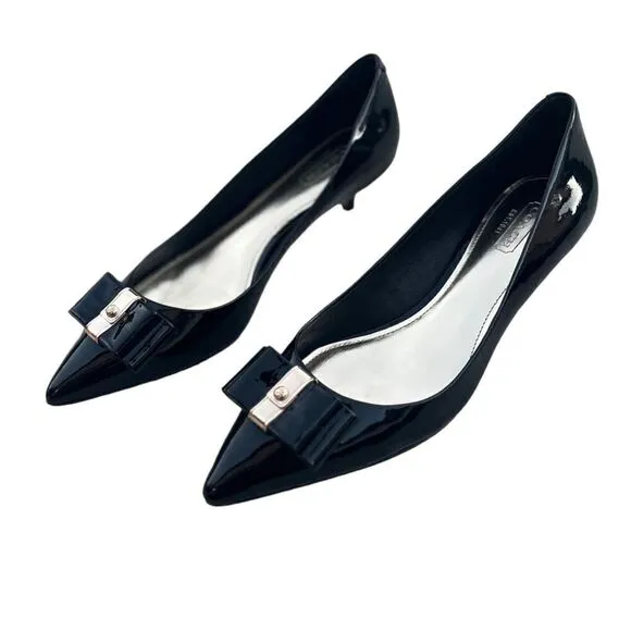 Coach Mandy Kitten Heel Black Patent Leather w/Bow Detail &amp; Gold Fittings Sz 6.5