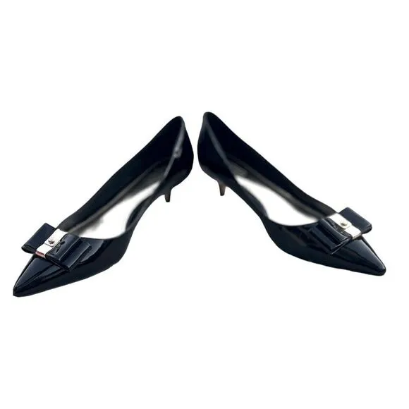 Coach Mandy Kitten Heel Black Patent Leather w/Bow Detail &amp; Gold Fittings Sz 6.5