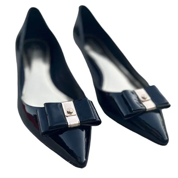 Coach Mandy Kitten Heel Black Patent Leather w/Bow Detail &amp; Gold Fittings Sz 6.5