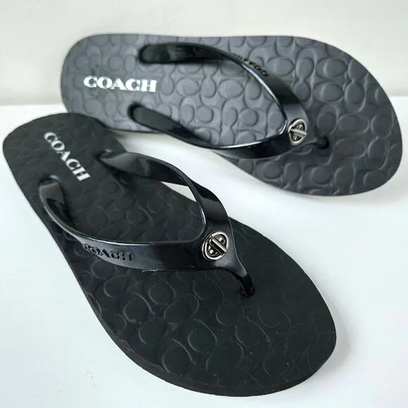 Coach NEW Abbigail Signature Turnlock Black Flip Flop Sandal Rubber Size 7 Gift