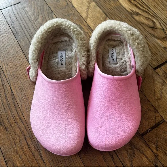 Coach / Pink Lola Shearling-Trim Rubber Clogs