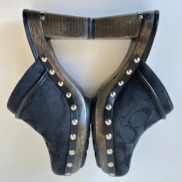 Coach Shasha Black Signature Stud Slip On Mules Heels Size 8 B