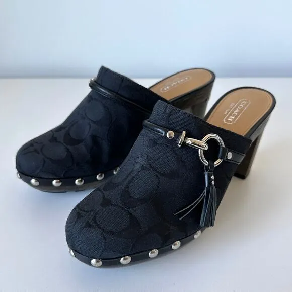 Coach Shasha Black Signature Stud Slip On Mules Heels Size 8 B