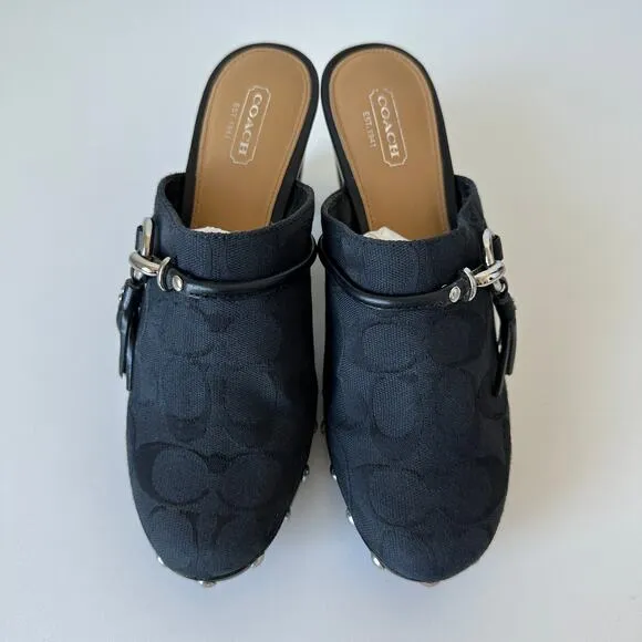 Coach Shasha Black Signature Stud Slip On Mules Heels Size 8 B