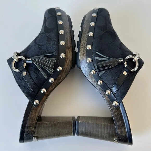 Coach Shasha Black Signature Stud Slip On Mules Heels Size 8 B