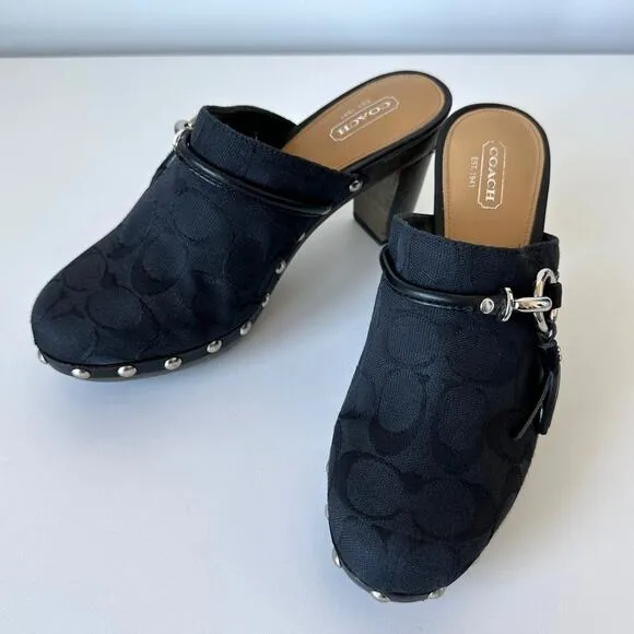 Coach Shasha Black Signature Stud Slip On Mules Heels Size 8 B