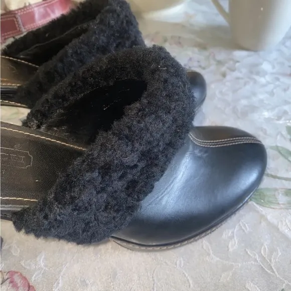 Coach Slip On Kacie mules black leather shearling trim high heel size 8B