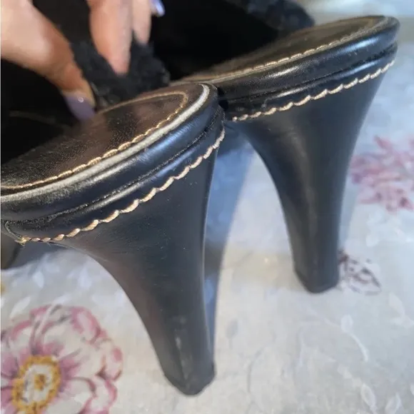 Coach Slip On Kacie mules black leather shearling trim high heel size 8B