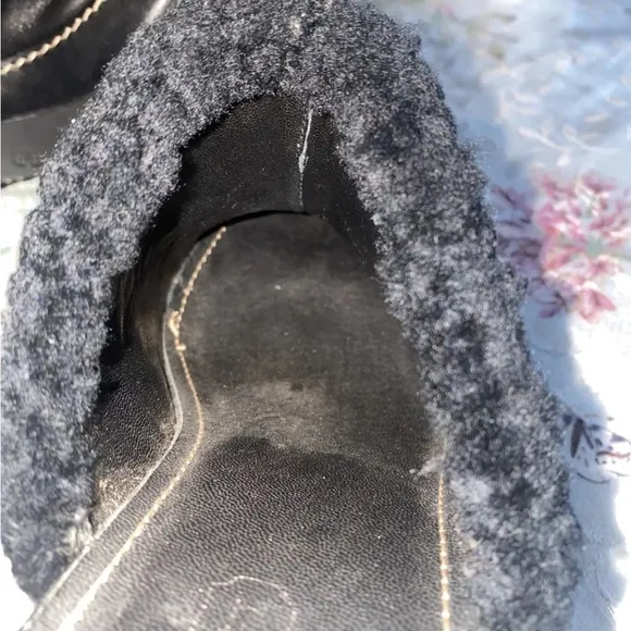 Coach Slip On Kacie mules black leather shearling trim high heel size 8B