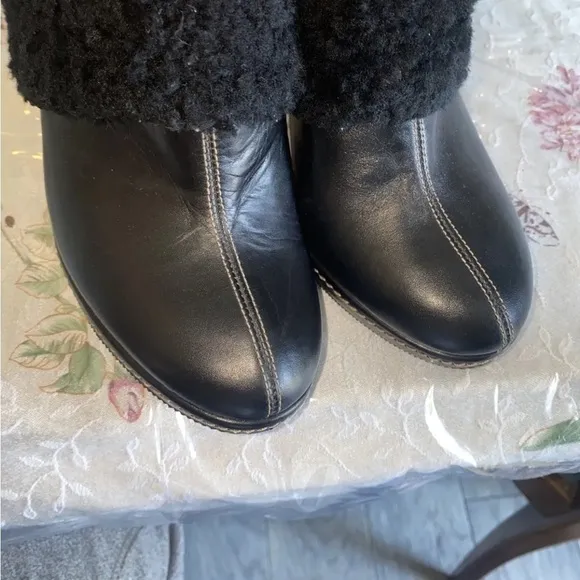 Coach Slip On Kacie mules black leather shearling trim high heel size 8B