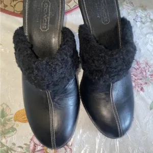 Coach Slip On Kacie mules black leather shearling trim high heel size 8B