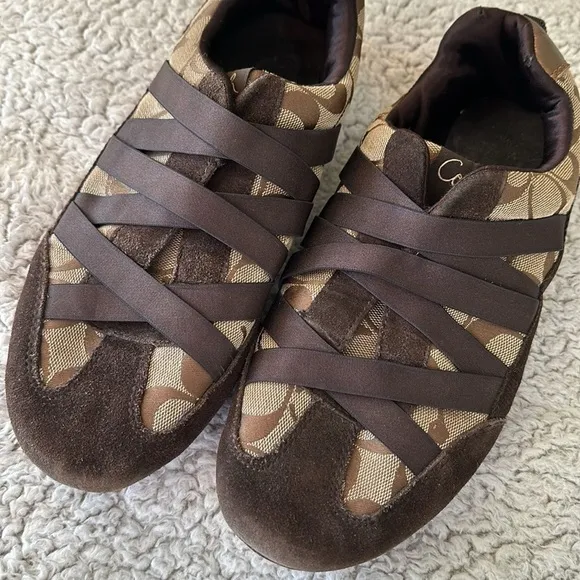 Coach Women's Size 9 Harmonie Monogram Logo Sneakers Brown Tan Gold Retro Y2K