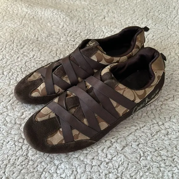 Coach Women's Size 9 Harmonie Monogram Logo Sneakers Brown Tan Gold Retro Y2K