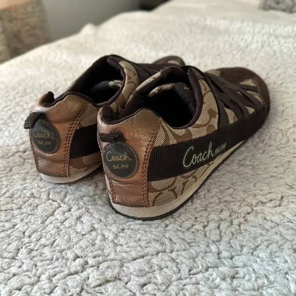 Coach Women's Size 9 Harmonie Monogram Logo Sneakers Brown Tan Gold Retro Y2K