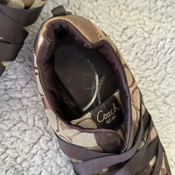 Coach Women's Size 9 Harmonie Monogram Logo Sneakers Brown Tan Gold Retro Y2K