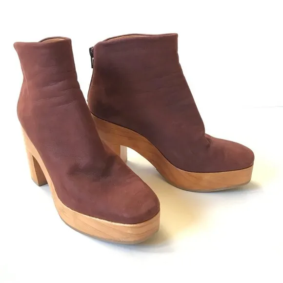 Coclico Vida Clog Ankle Boots Womens 38 8 Purple Suede Wood Sole Heels Rear Zip